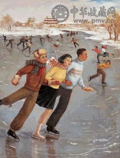 萧淑芳 1954年 北京冬季的什刹海 木板油画