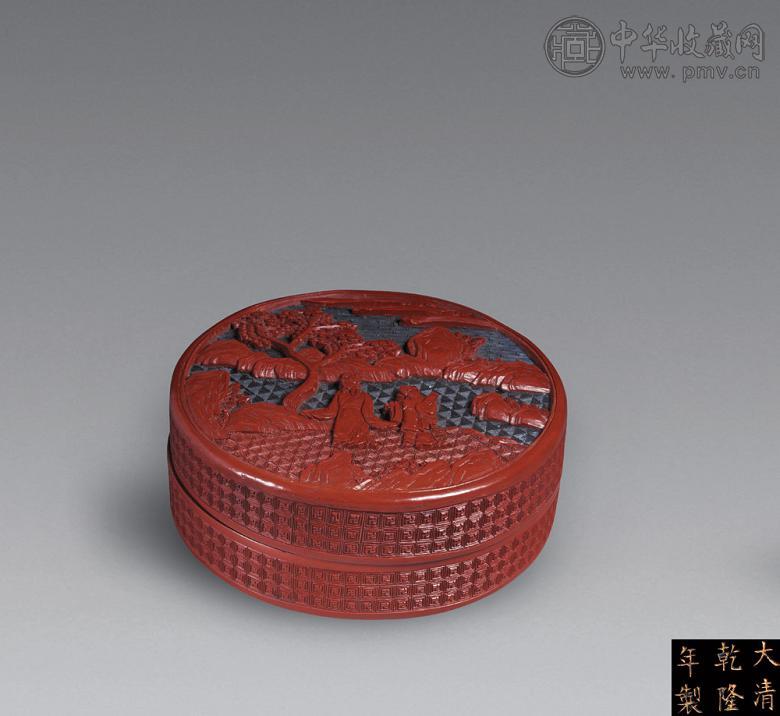 清乾隆 红雕漆雕松下高士纹盖盒