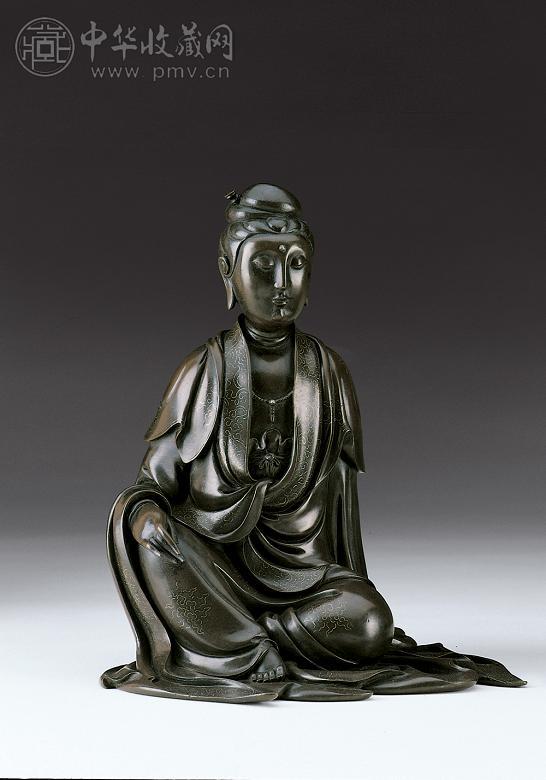 明十七世纪 铜嵌银丝观音半伽像