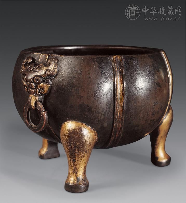 明末 铜鎏金兽耳香炉