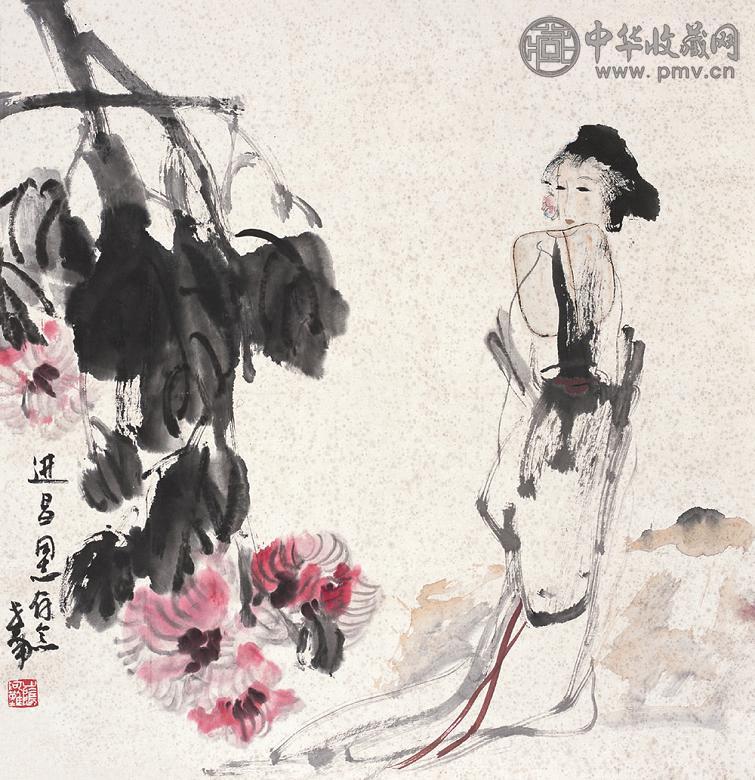 李世南 芙蓉仕女 立轴 设色纸本