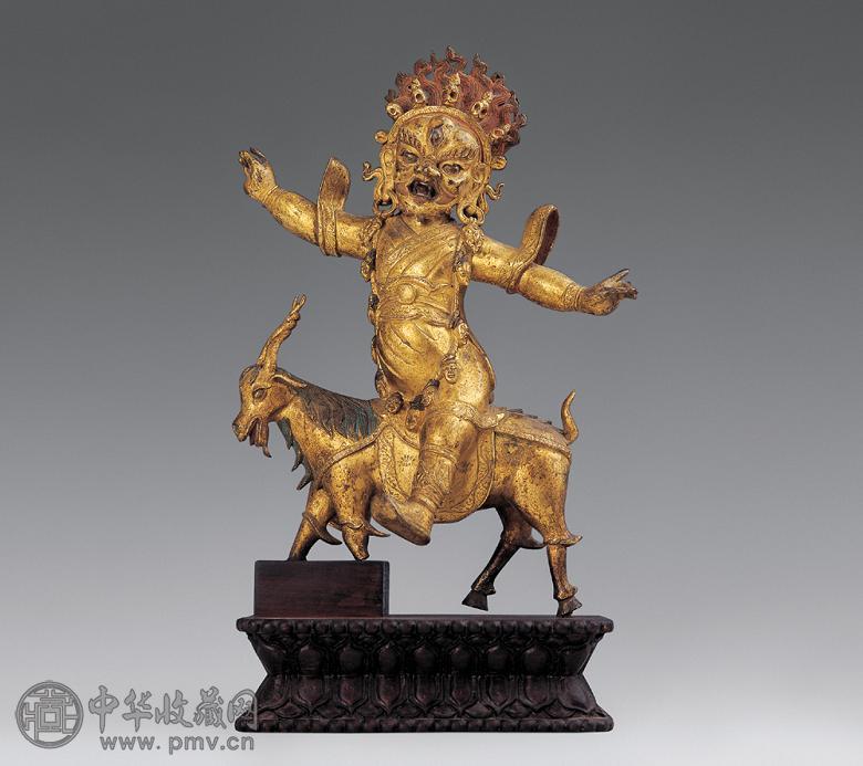 清 铜鎏金骑羊护法像