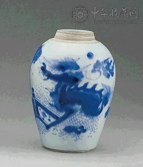 顺治 青花麒麟芭蕉罐