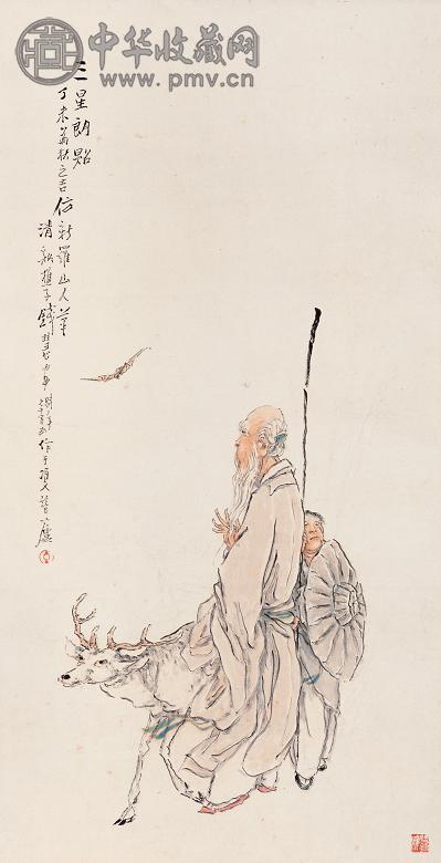 钱慧安 丁未(1907年)作 三星朗照 立轴 设色纸本