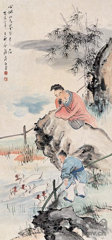 金寿石 1923年作 羲之赏鹅 立轴 设色纸本