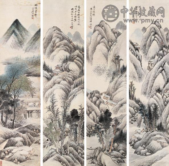 任预 四季山水屏 立轴 设色纸本