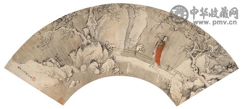 费丹旭 1848年作 摘花仕女图 扇片 设色纸本