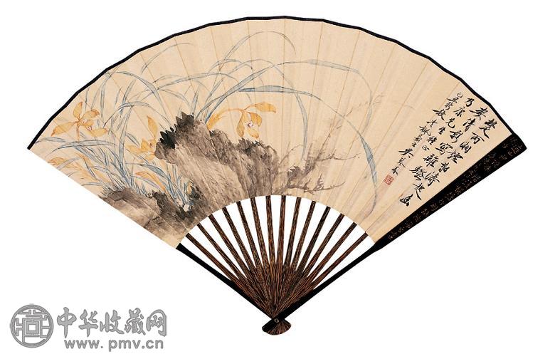 吴琴木 己丑(1949年)作 兰石图 行书 成扇 设色纸本 吴琴木 己丑(1949年)作 兰石图 行书 成扇 设色纸本