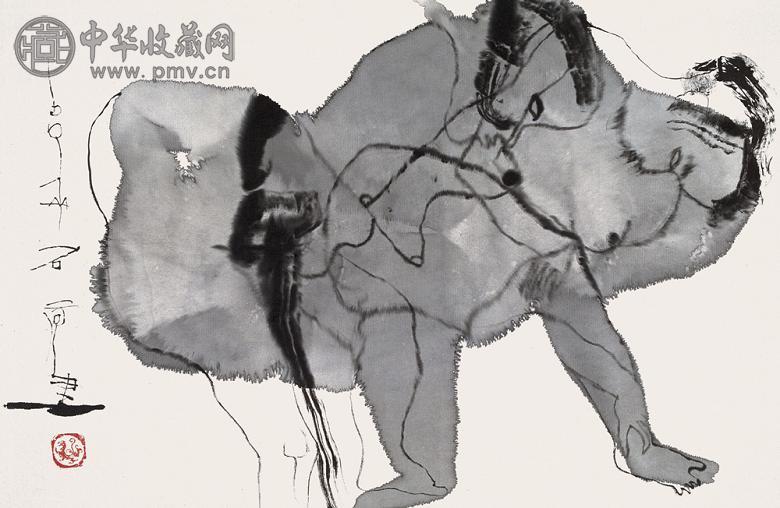 石虎 母子 镜心 设色纸本