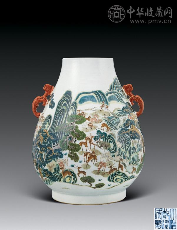 清光绪 粉彩百鹿双耳尊