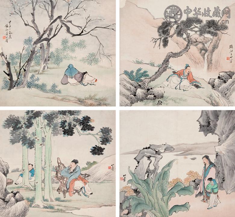 黄山寿 甲申(1884年)作 人物 四屏 设色纸本