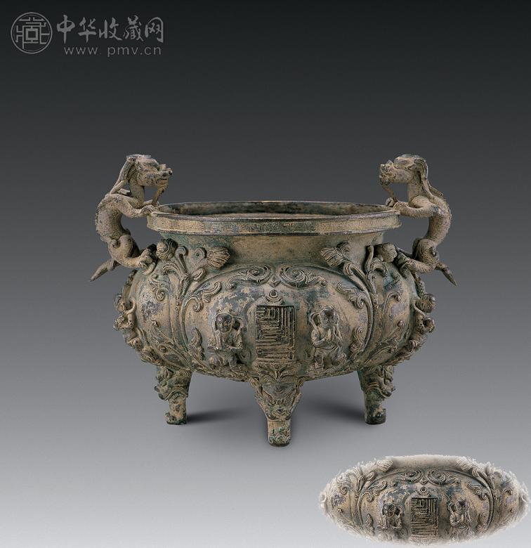 元 铜高浮雕童子寿字双龙耳炉