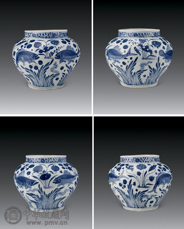 元 青花荷莲鱼藻纹罐