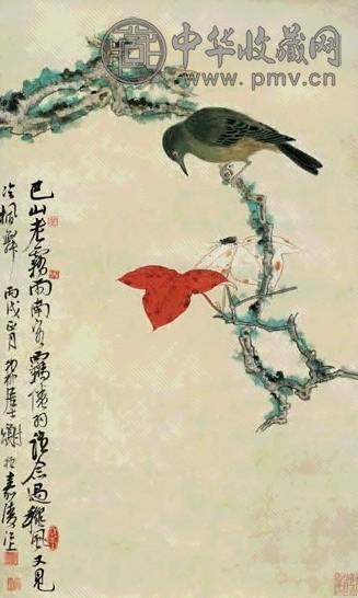 现代 谢稚柳 红叶栖禽 轴