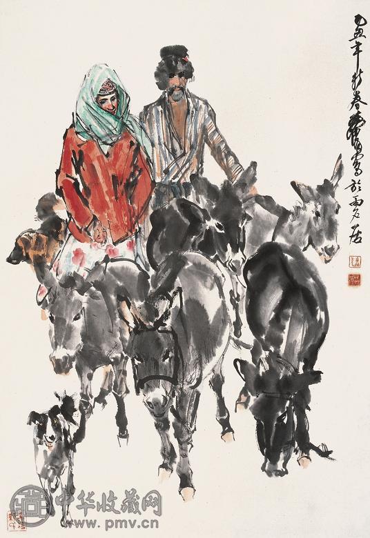 黄胄 1985年作 赶驴图 立轴 设色纸本