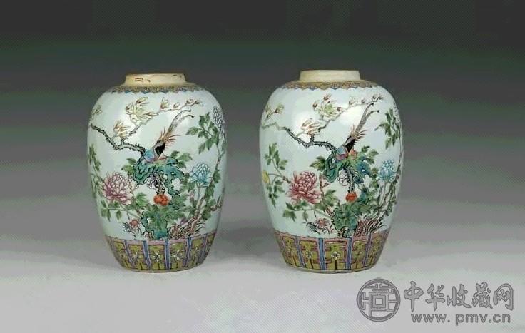 清光绪 粉彩锦鸡牡丹罐(1对)