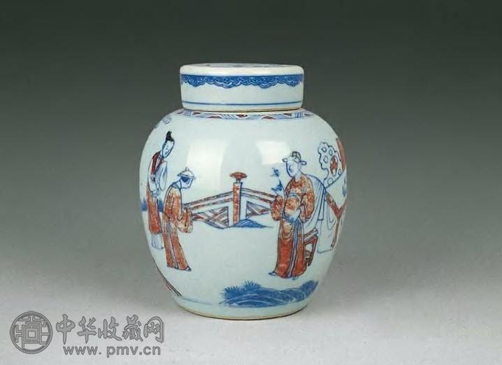 清康熙 青花矾红人物罐