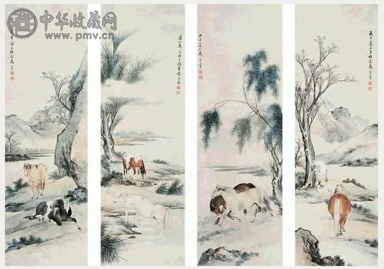 马晋 1948年作 马 四条屏 设色纸本
