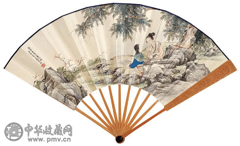 刘凌沧 1930年作 双美图 成扇 设色纸本