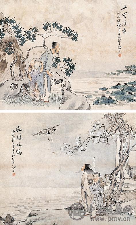 吴友如 人物 镜心(2开) 设色纸本