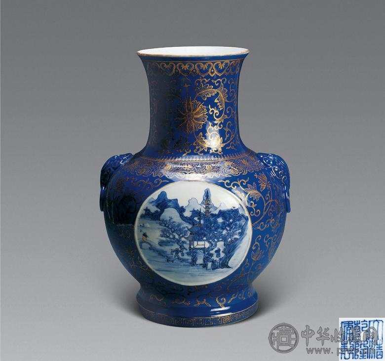 清乾隆 蓝釉描金开光山水人物纹兽耳衔环尊