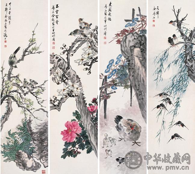 金梦石 花卉 四屏 设色纸本