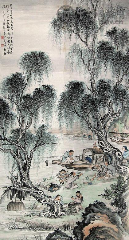 房鸿勋 渔家乐 立轴 设色纸本