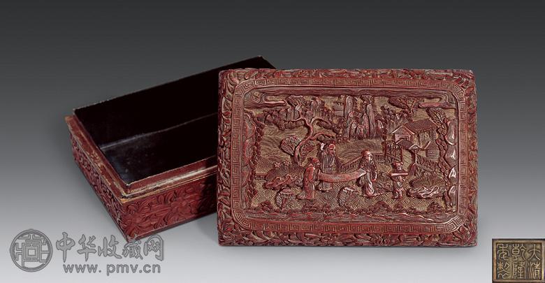 清乾隆 漆雕三老观图盖盒