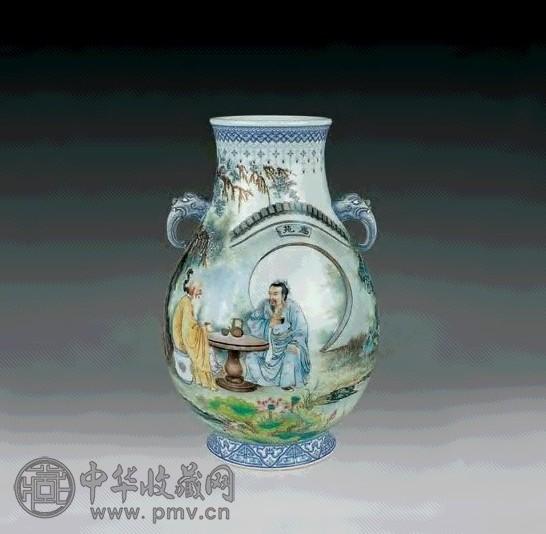 五十年代 王大凡山水人物象耳尊