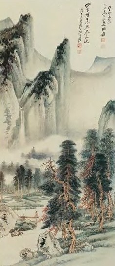 张大千 丙戌(1946年)作 仿李唐古木寒泉 立轴 设色纸本