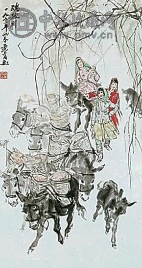 黄胄 1973年作 踏歌行 立轴 纸本设色