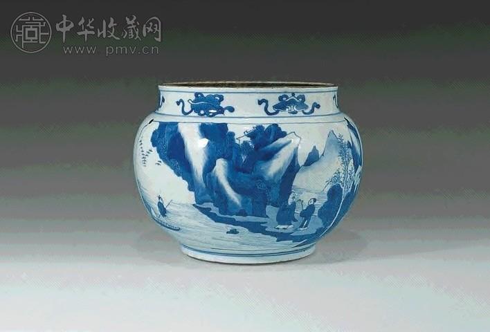 清康熙 青花山水博古粥罐