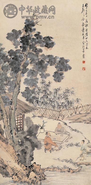 金寿石 丁巳(1917)年作 桐荫品茗 立轴 设色纸本