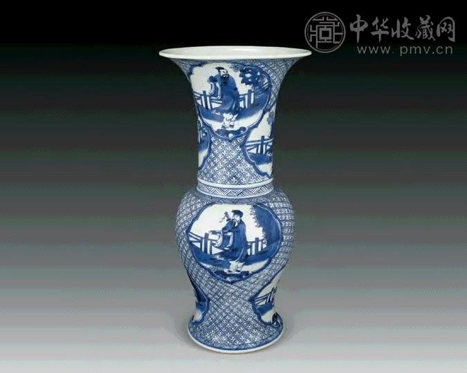 清康熙 青花锦地开光人物花觚