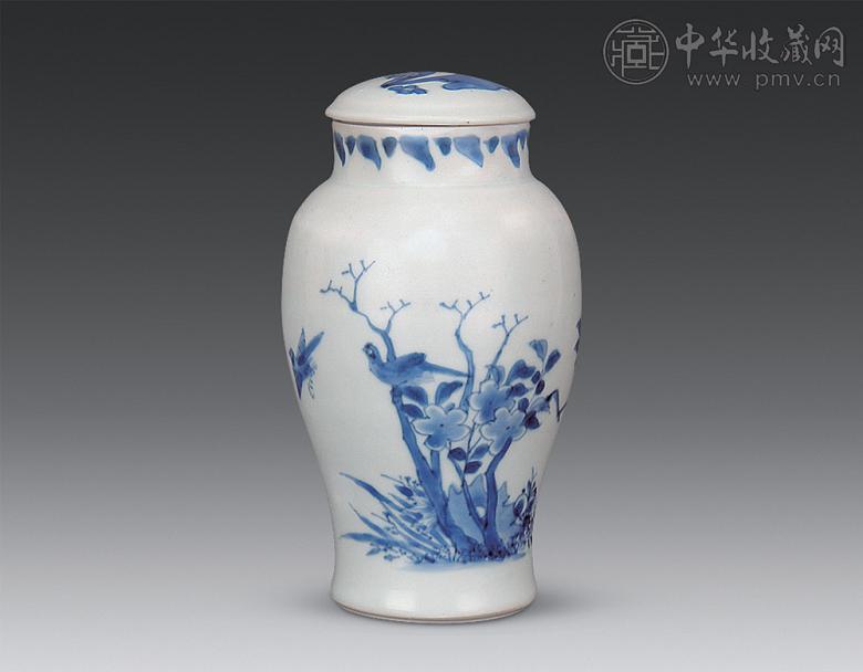 清顺治 青花花鸟莲子罐