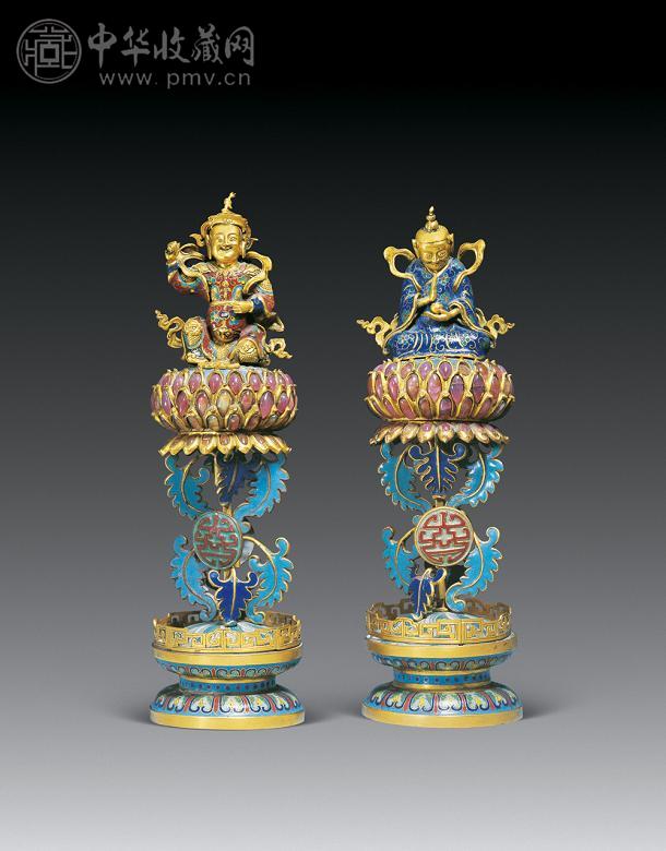 清乾隆 铜鎏金掐丝珐琅七珍 财神 武将