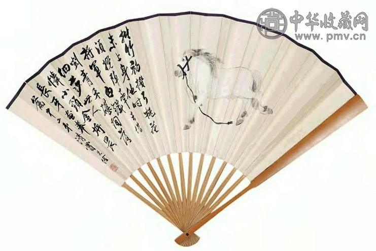 溥佺 白马图 成扇 设色纸本