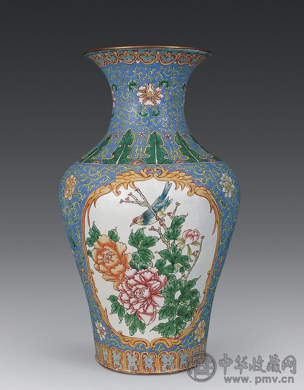 清 铜胎珐琅开光花鸟纹瓶