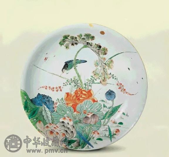 清康熙 五彩描金荷塘翠鸟图盘