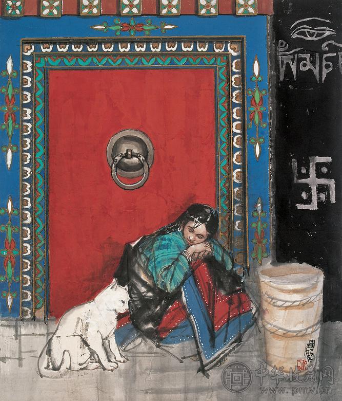 史国良 少女与猫 立轴 设色纸本