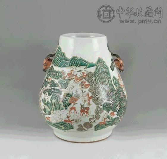 清 粉彩百鹿纹鹿头尊