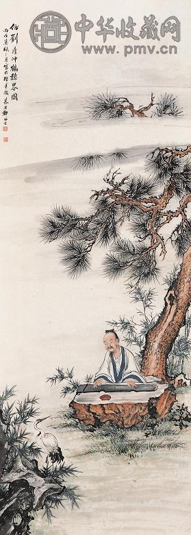 郑慕康 丙戌(1946)年作 鹤听琴 立轴 设色纸本