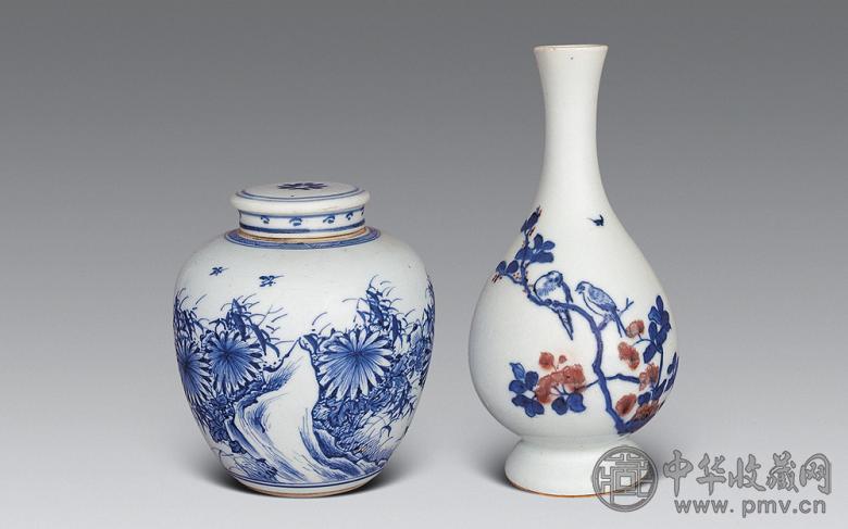 清 青花淡描花虫小罐 花鸟小瓶(2件)