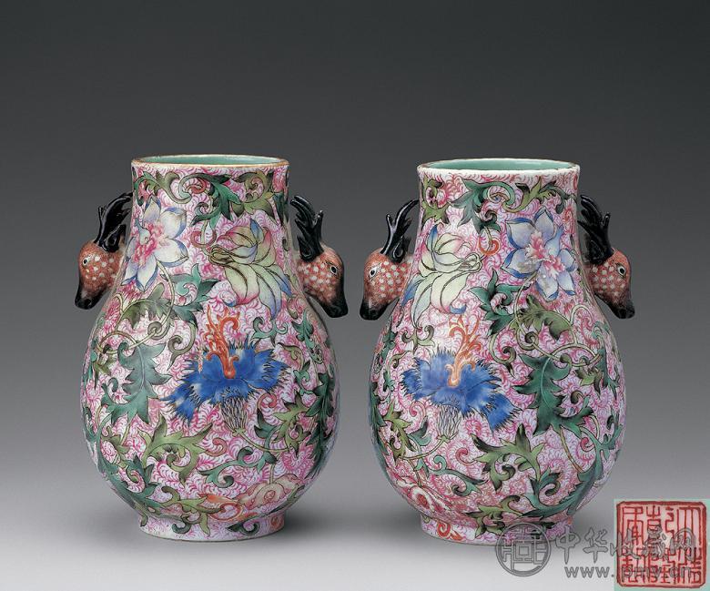 民国 粉彩百花鹿头尊(1对)