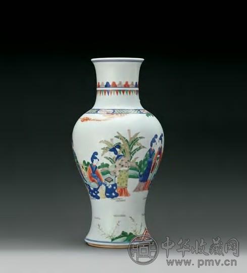 清中期 青花五彩人物樵叶纹观音尊