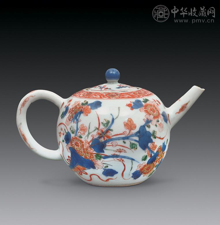 清康熙 青花五彩描金花卉纹茶壶