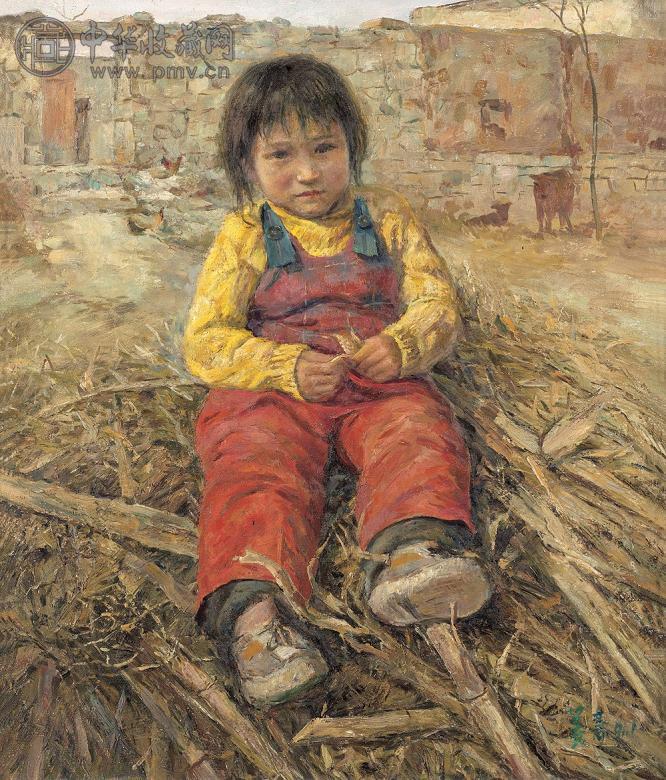 姜慧 1991年作 坐在柴堆上的小妮 布面油彩