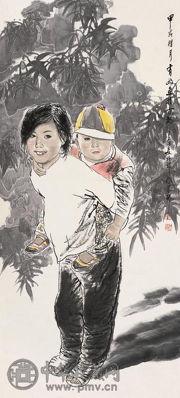 王有政 1994年作 姐弟俩 立轴 设色纸本