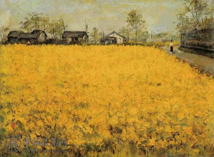 颜文樑 篱边的菜花地 油彩 纸板 框