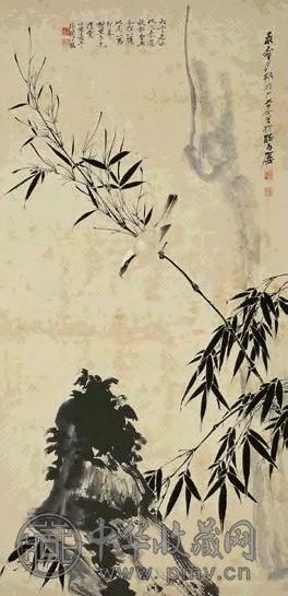 张大千 丁亥嘉平(1947年)作 翠竹鸣禽 镜心 设色纸本